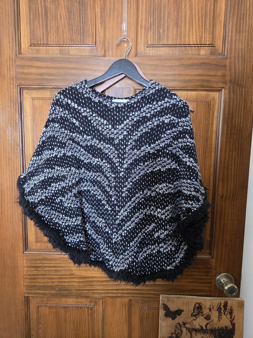 Alfred Dunner Black and White Knit Poncho with Fringe